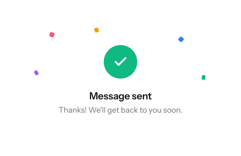 Thank-you state after submitting a hosted form, with a green check and confetti accents