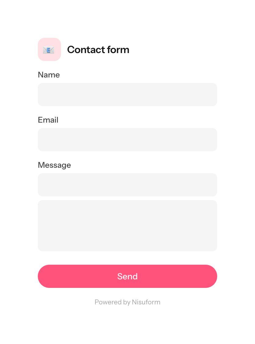 Hosted Nisuform page showing a contact form with name, email and message fields and a Send button