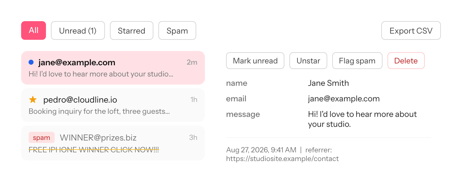 Nisuform inbox with filter chips, a fresh unread submission from Jane selected, her field values on the right and a spam row crossed out
