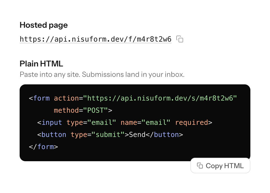 Setup tab showing the hosted page URL and a plain HTML snippet with a copy button
